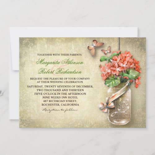 mason jar &amp; coral flowers rustic wedding invites