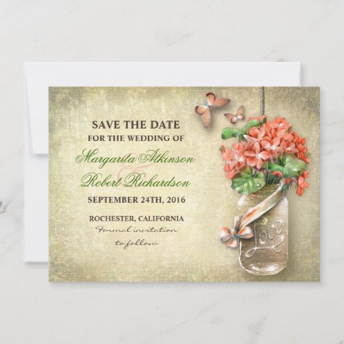 mason jar  coral flowers save the date cards