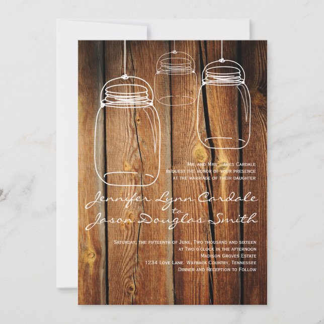 Mason Jar Country Barn Wood Wedding Invitations (Front)