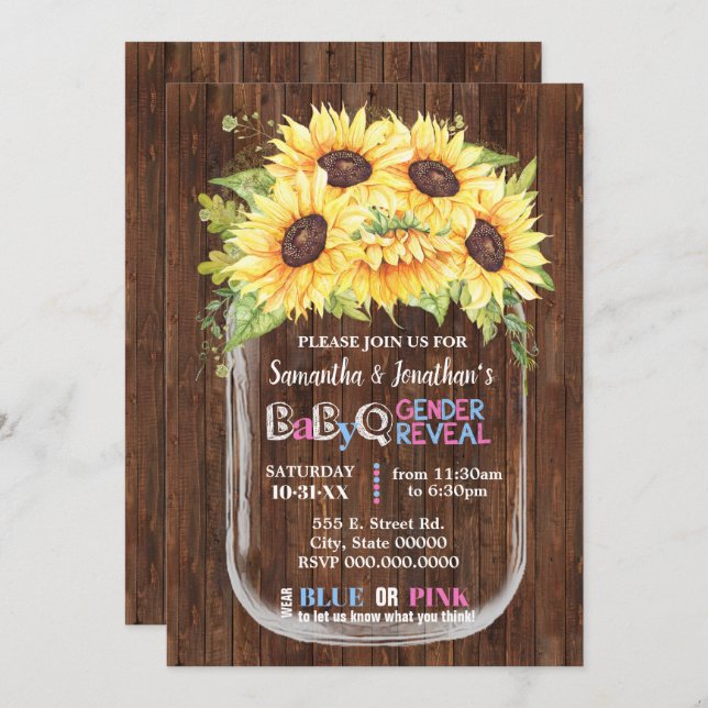 Mason jar country chic gender reveal sunflowers invitation (Front/Back)
