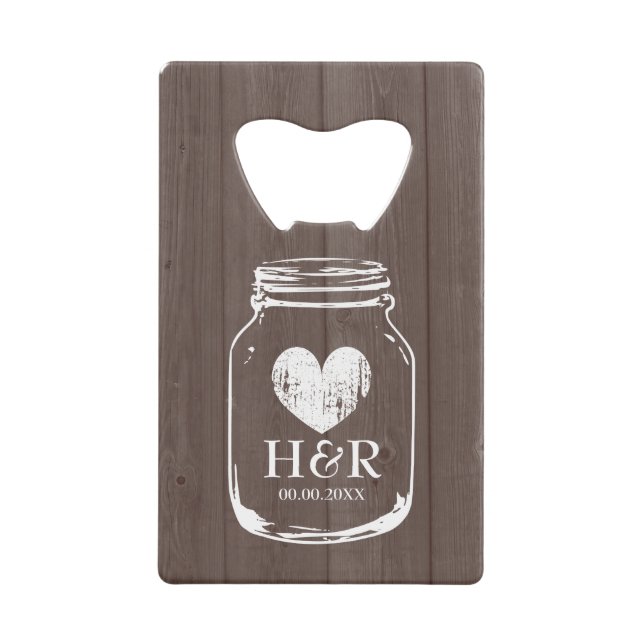 Mason jar credit card bottle opener wedding favor (Front)