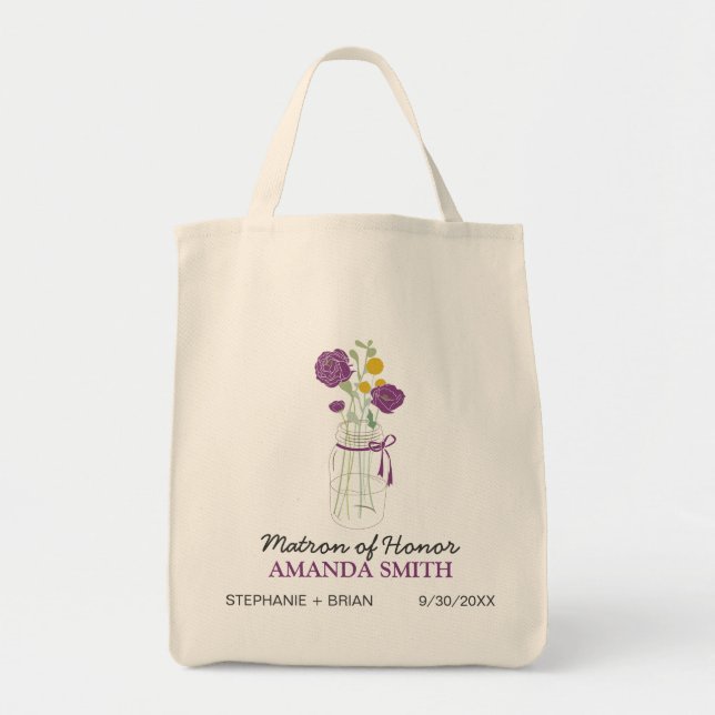 Mason Jar Custom Wedding Party Tote Bag (purple) (Front)
