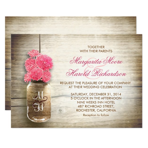 Mason Jar & Cute Pink Flowers Wedding Invites