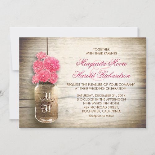 Mason jar &amp; cute pink flowers wedding invites