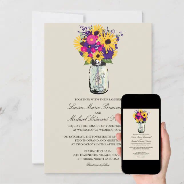 Mason Jar Daisies And Sunflowers Wedding Invitation Zazzle