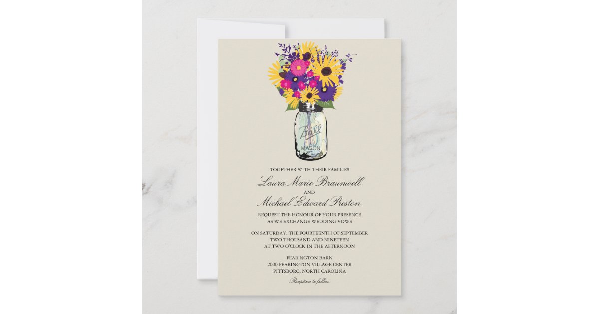 Mason Jar Daisies And Sunflowers Wedding Invitation Zazzle