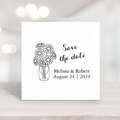 Mason Jar Daisy Flowers Save the Date Wedding Rubber Stamp