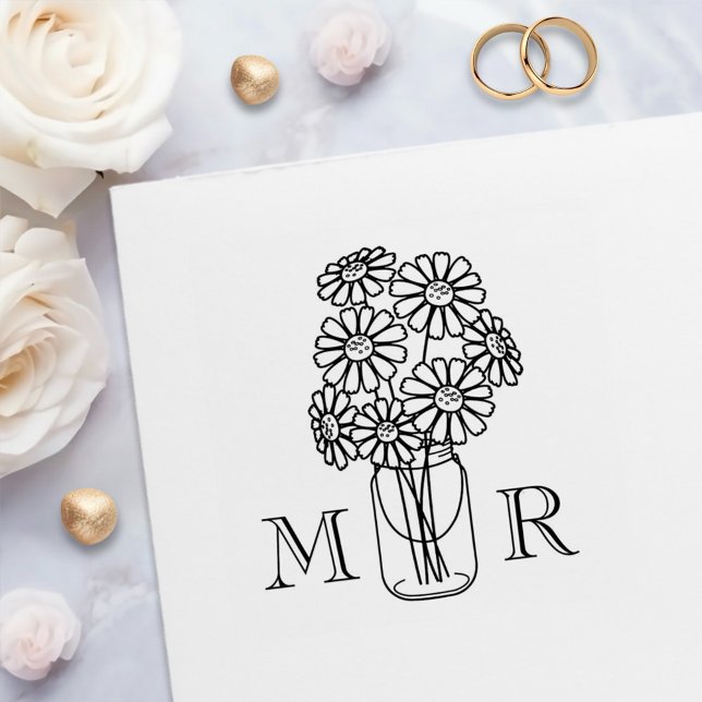 Mason Jar Daisy Flowers Wedding Monogram Initials Self-inking Stamp (Creator Uploaded)