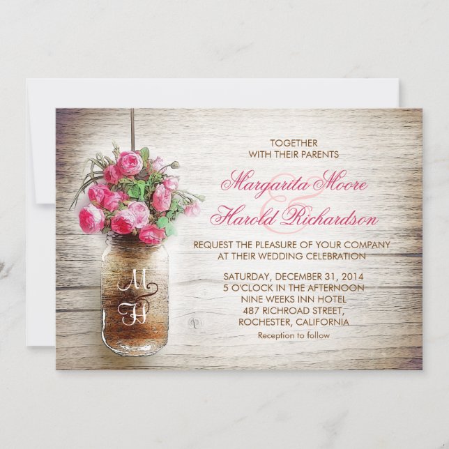 Mason jar & dark pink flowers wedding invites (Front)