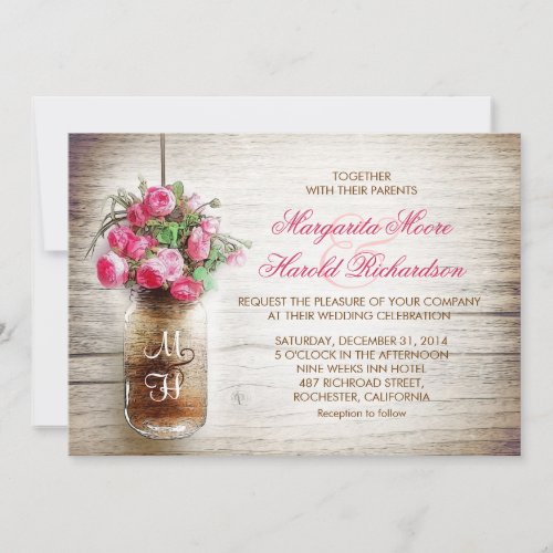 Mason jar &amp; dark pink flowers wedding invites