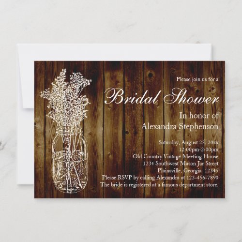 Mason Jar Dark Wood-Look Bridal Shower Invitation