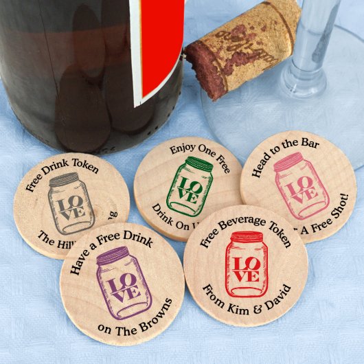 Mason Jar Drink Token Wooden Nickels (Front)