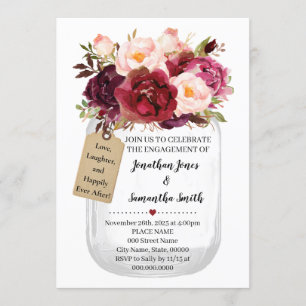 Mason jar engagement marsala country chic invitation
