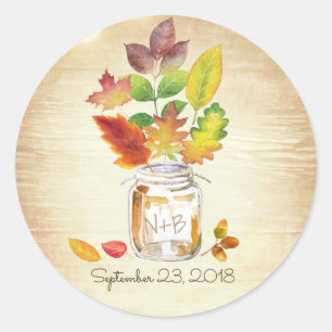 Mason Jar Fall Leaves Rustic Wood Wedding Classic Round Sticker