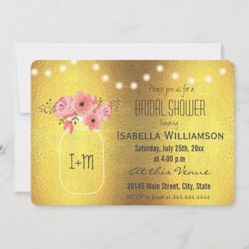 Mason Jar Faux Gold Foil and Lights Bridal Shower Invitation