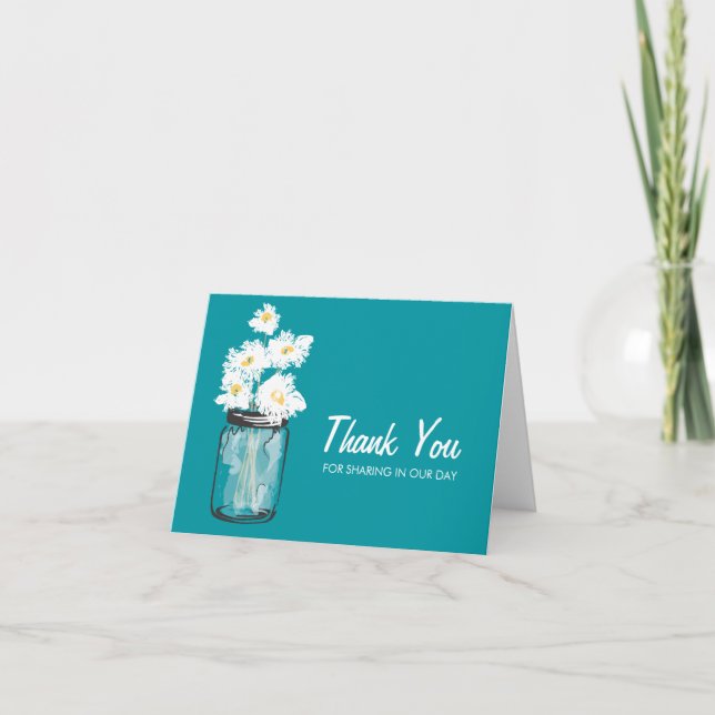 Mason Jar filled with White Daisies Thank You Card (Front)