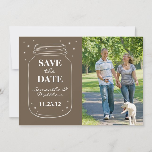 Mason Jar Fireflies Photo Save the Date Brown (Front)