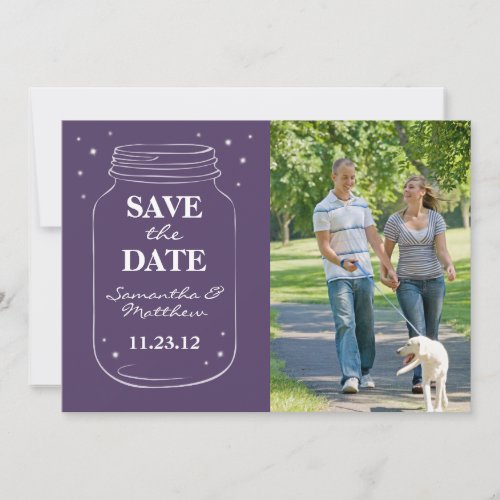 Mason Jar Fireflies Photo Save the Date Purple