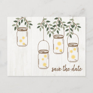 Mason Jar & Fireflies Rustic Wedding Announcement Postcard