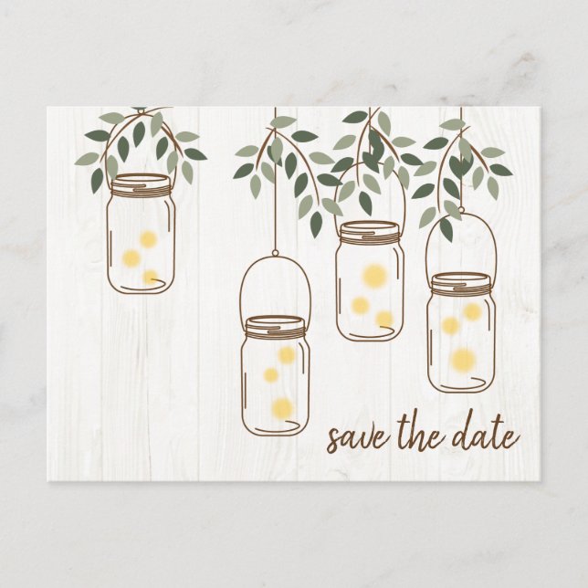 Mason Jar & Fireflies Rustic Wedding Announcement Postcard (Front)