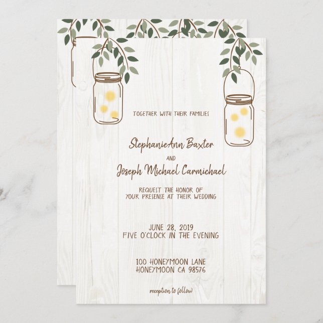 Mason Jar & Fireflies Rustic Wedding Invitations (Front/Back)