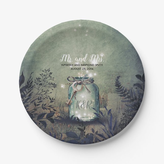 Mason Jar Fireflies Rustic Woodland Wedding Paper Plates (Front)