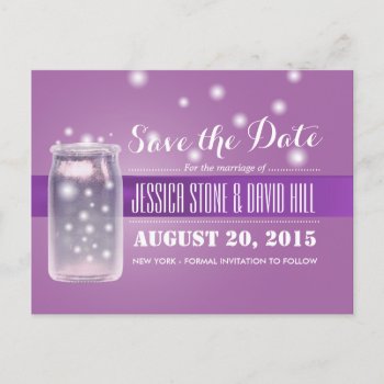 Mason Jar & Fireflies Save The Date Purple Announcement Postcard by myinvitation at Zazzle