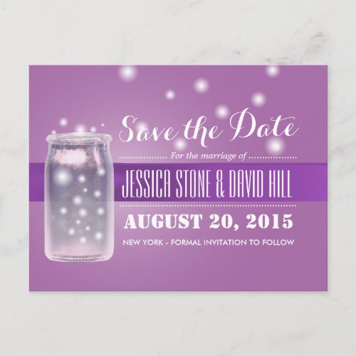 Mason Jar  Fireflies Save the Date Purple Announcement Postcard