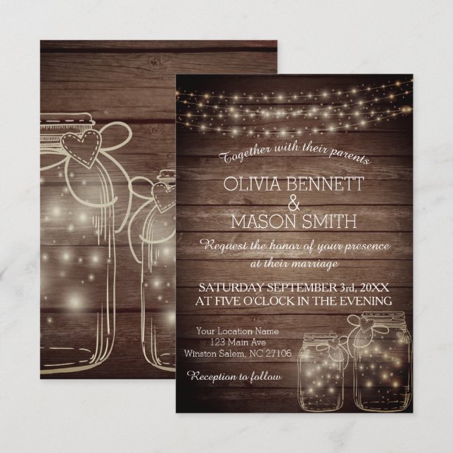 Mason Jar Firefly Lights and Lace Rustic Wedding I Invitation (Front/Back)
