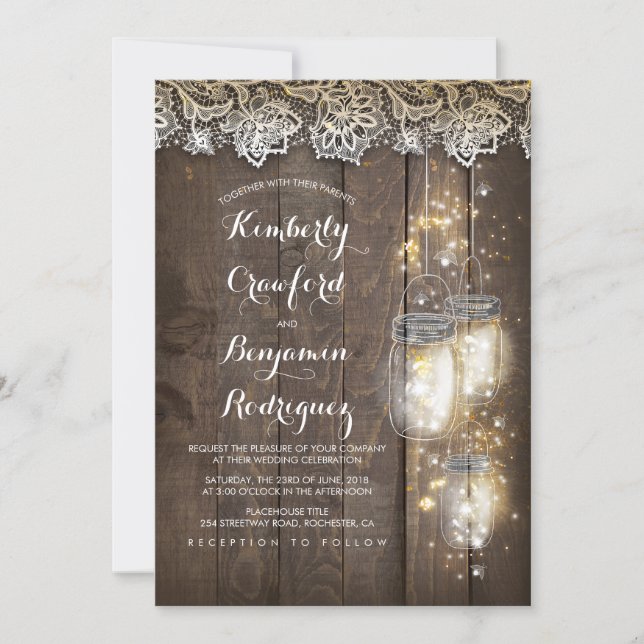Mason Jar Firefly Lights and Lace Rustic Wedding Invitation (Front)