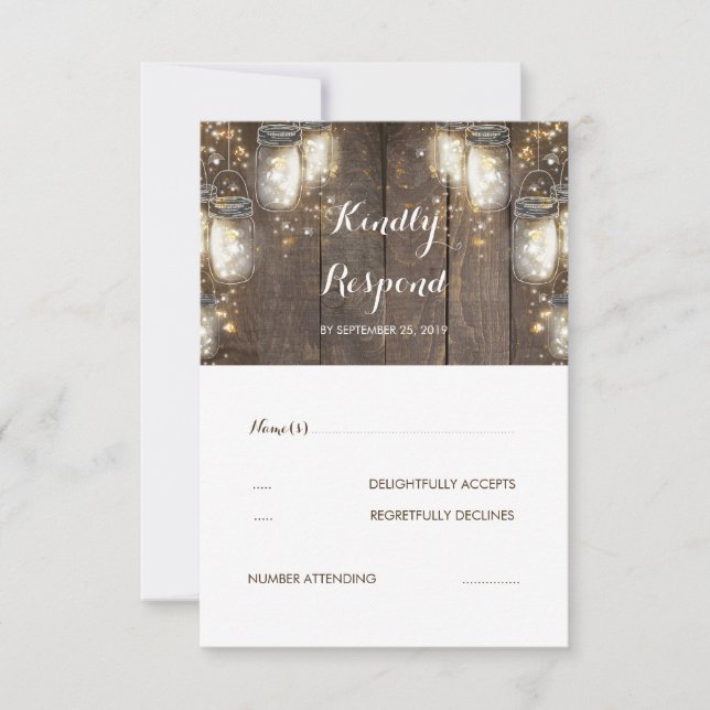 Mason Jar Firefly Lights Rustic Wedding RSVP (Front)