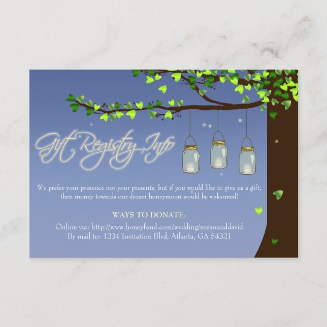 Mason Jar Firefly Oak Tree Gift Registry Info Card (Front)