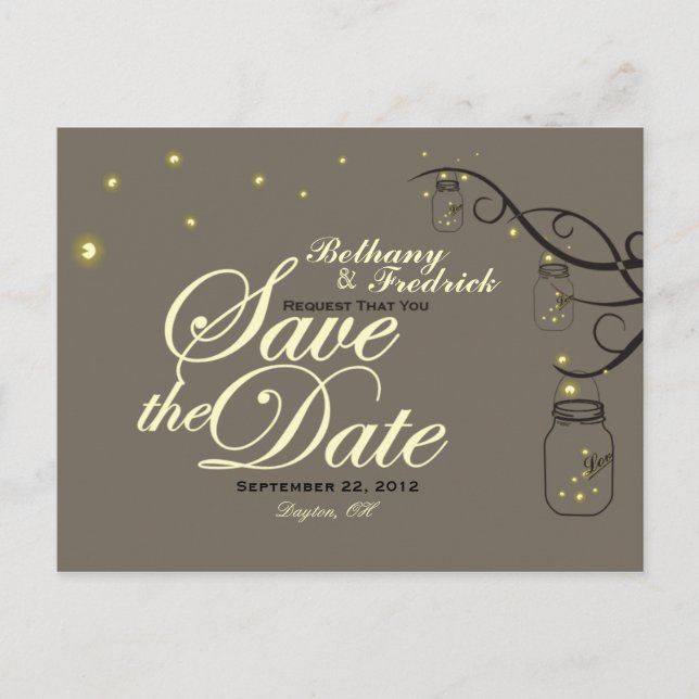 Mason Jar & Firefly Save the Date Postcard Latte (Front)