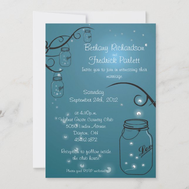 Mason Jar Firefly Wedding Invitation Blue Teal (Front)