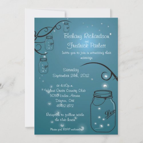 Mason Jar Firefly Wedding Invitation Blue Teal