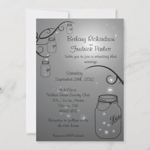 Mason Jar Firefly Wedding Invitation Grey Black