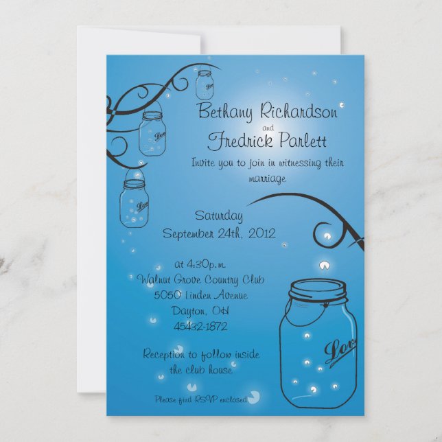 Mason Jar Firefly Wedding Invitation Medium Blue (Front)