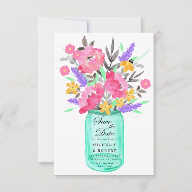 Mason Jar Floral Bouquet Save The Date Card (Front)