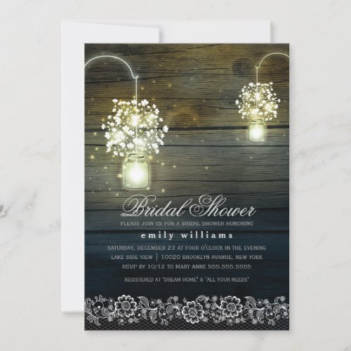 Mason Jar floral rustic bridal shower invitation - Rustic mason jars with baby's breath flowers on wood background wedding bridal shower invitation card for summer, fall, spring or winter wedding! Perfect design for the country wedding with hanging mason jar. Contact me for any support in design customization. Matching products available