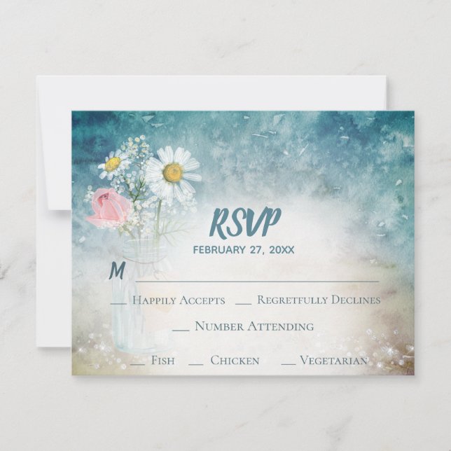 *~* Mason Jar Floral Rustic Watercolor Wedding RSVP Card (Front)