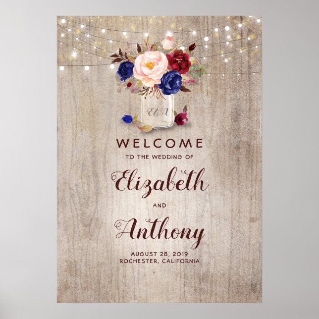 Mason Jar Floral Rustic Wedding Welcome Sign (Front)