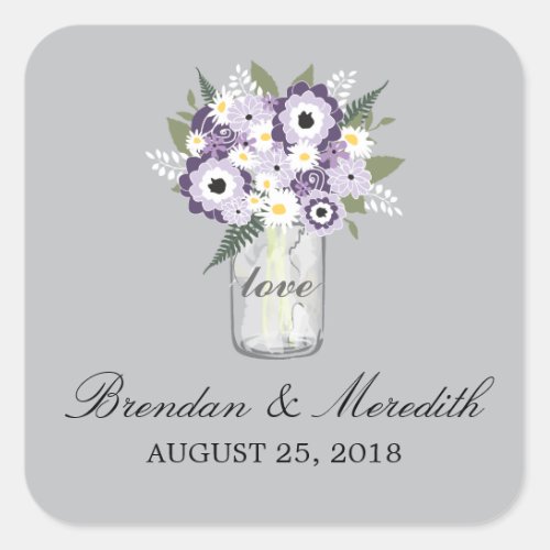 Mason Jar Floral Wedding Square Sticker