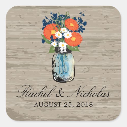 Mason Jar Floral Wedding Square Sticker