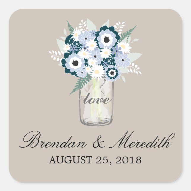 Mason Jar Floral Wedding Square Sticker (Front)