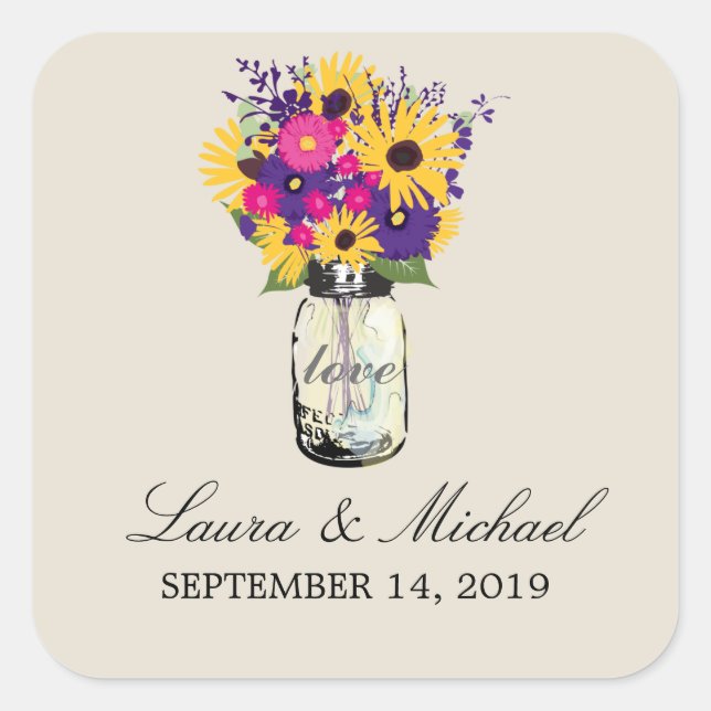 Mason Jar Floral Wedding Square Sticker (Front)