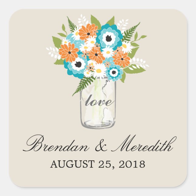 Mason Jar Floral Wedding Square Sticker (Front)