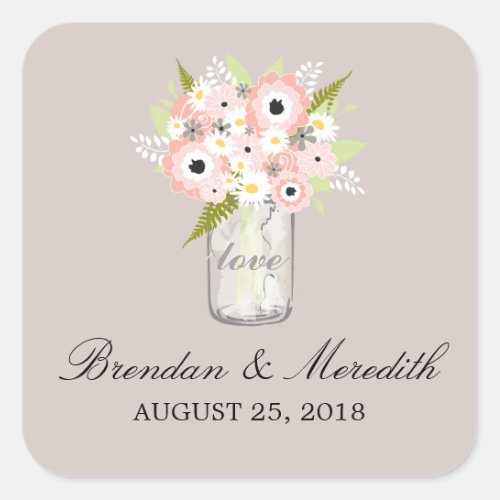 Mason Jar Floral Wedding Square Sticker