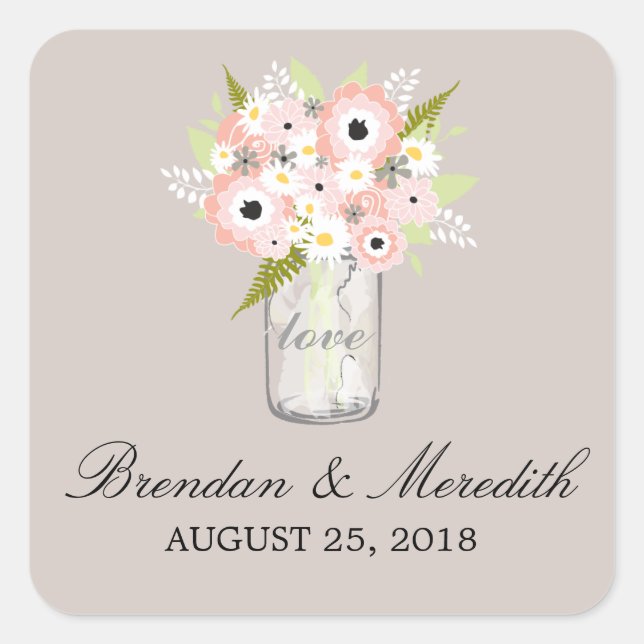 Mason Jar Floral Wedding Square Sticker (Front)