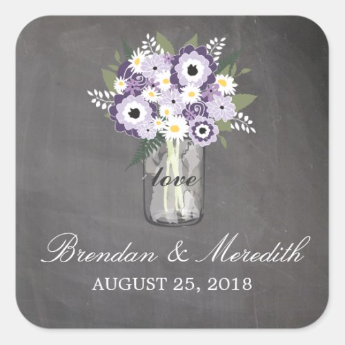 Mason Jar Floral Wedding Square Sticker