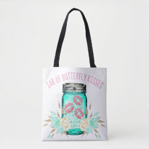 Mason jar flower and butterfly kiss cute teal pink tote bag